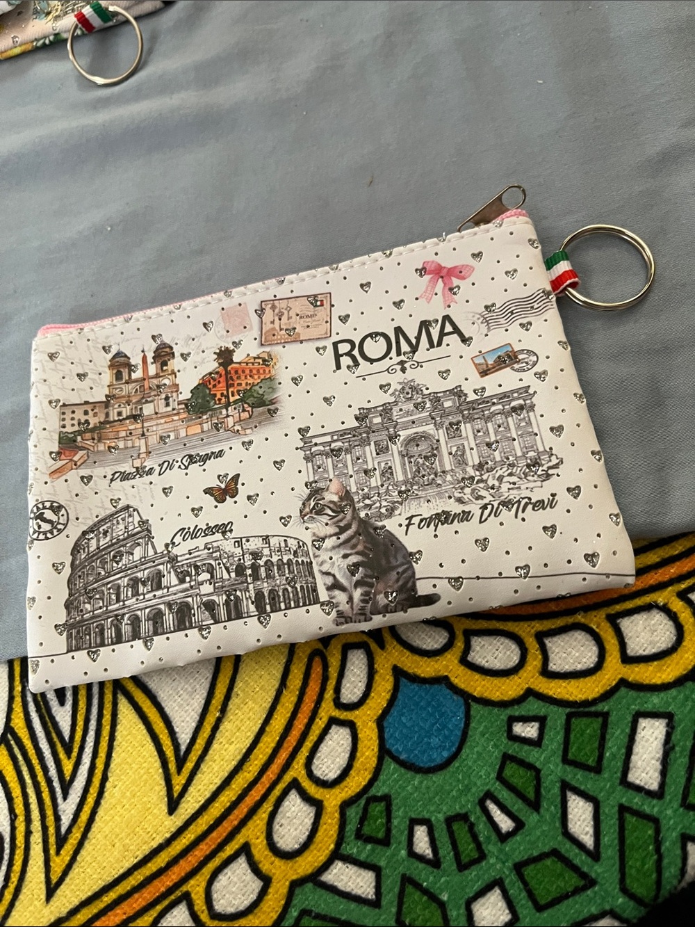 #11 - NWOT Roma Illustrated Zip Pouch with Cat Motif - White/Pink Accents